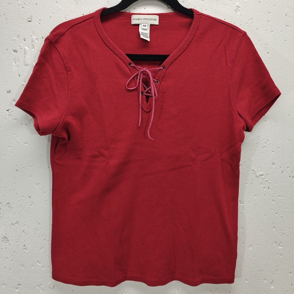 Vtg y2k 90s‎ Evan-Picone Womens Red T-shirt Medium Short Sleeve Front Tie